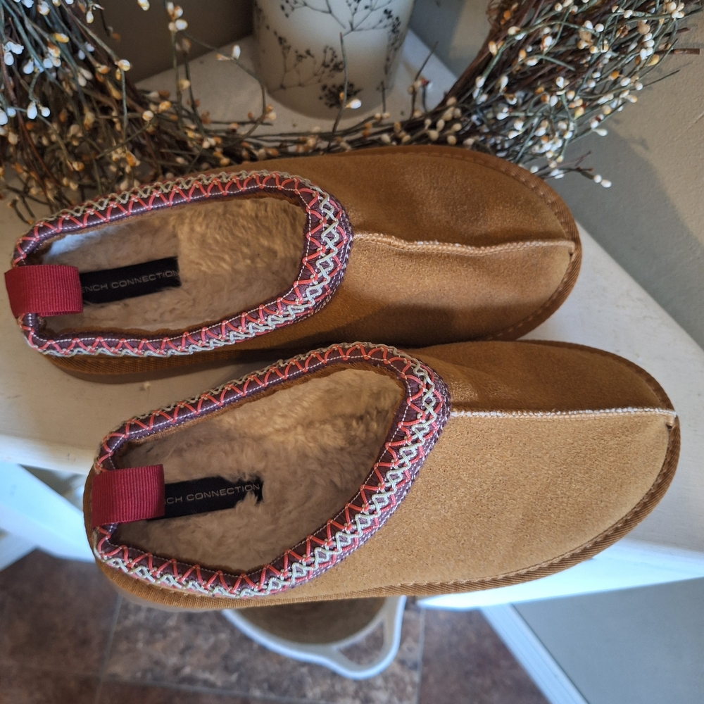French Connection Tan Suede Mules with Red Trim